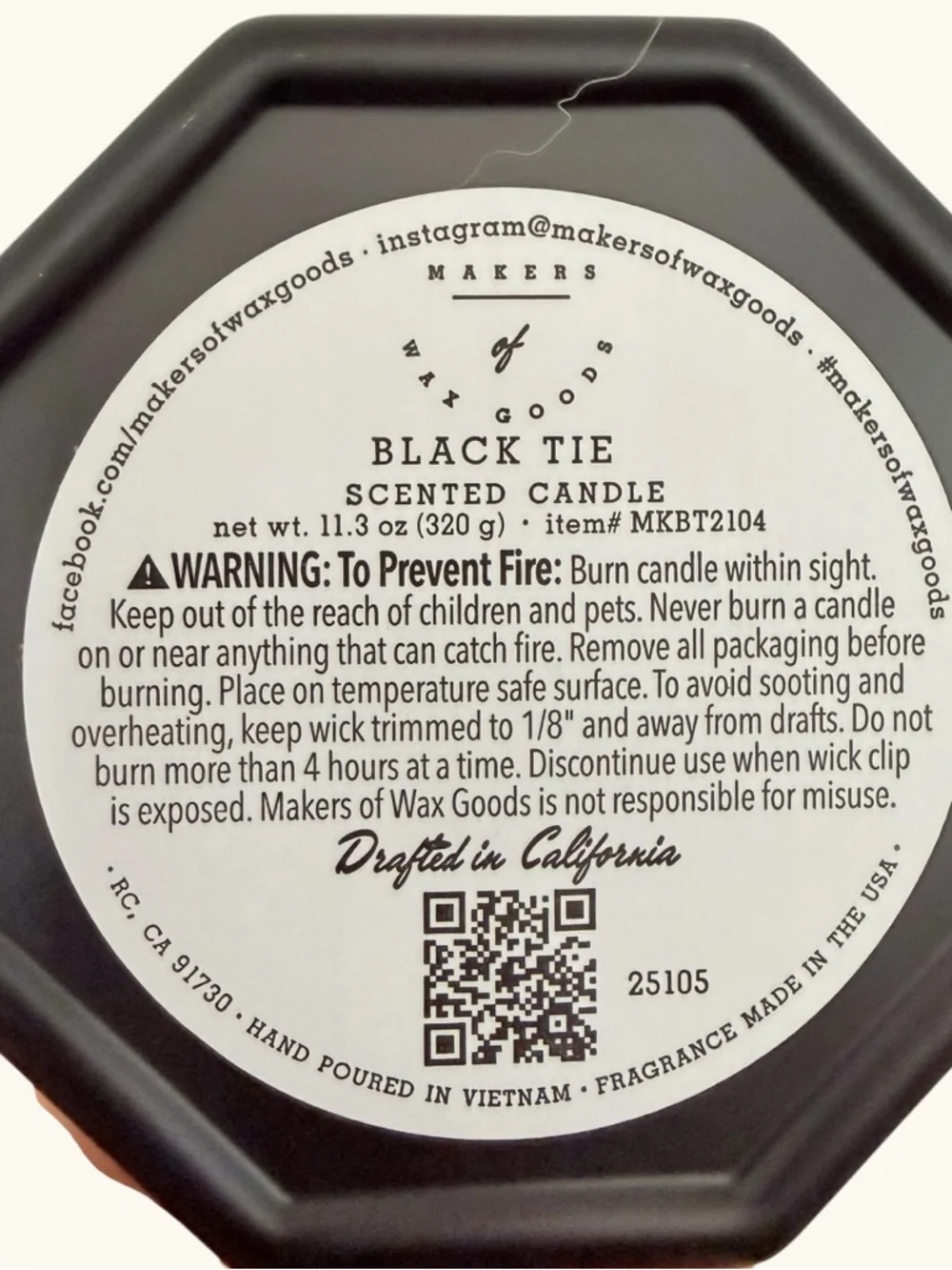 Makers of Wax Goods BLACK TIE Hand Poured Candle